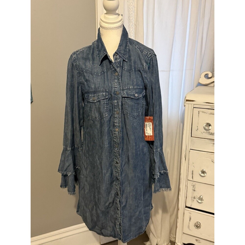 Scully Western Denim Shirt Dress M Bell Sleeve Fringe Cowgirl Boho Rodeo - Picture 2 of 5